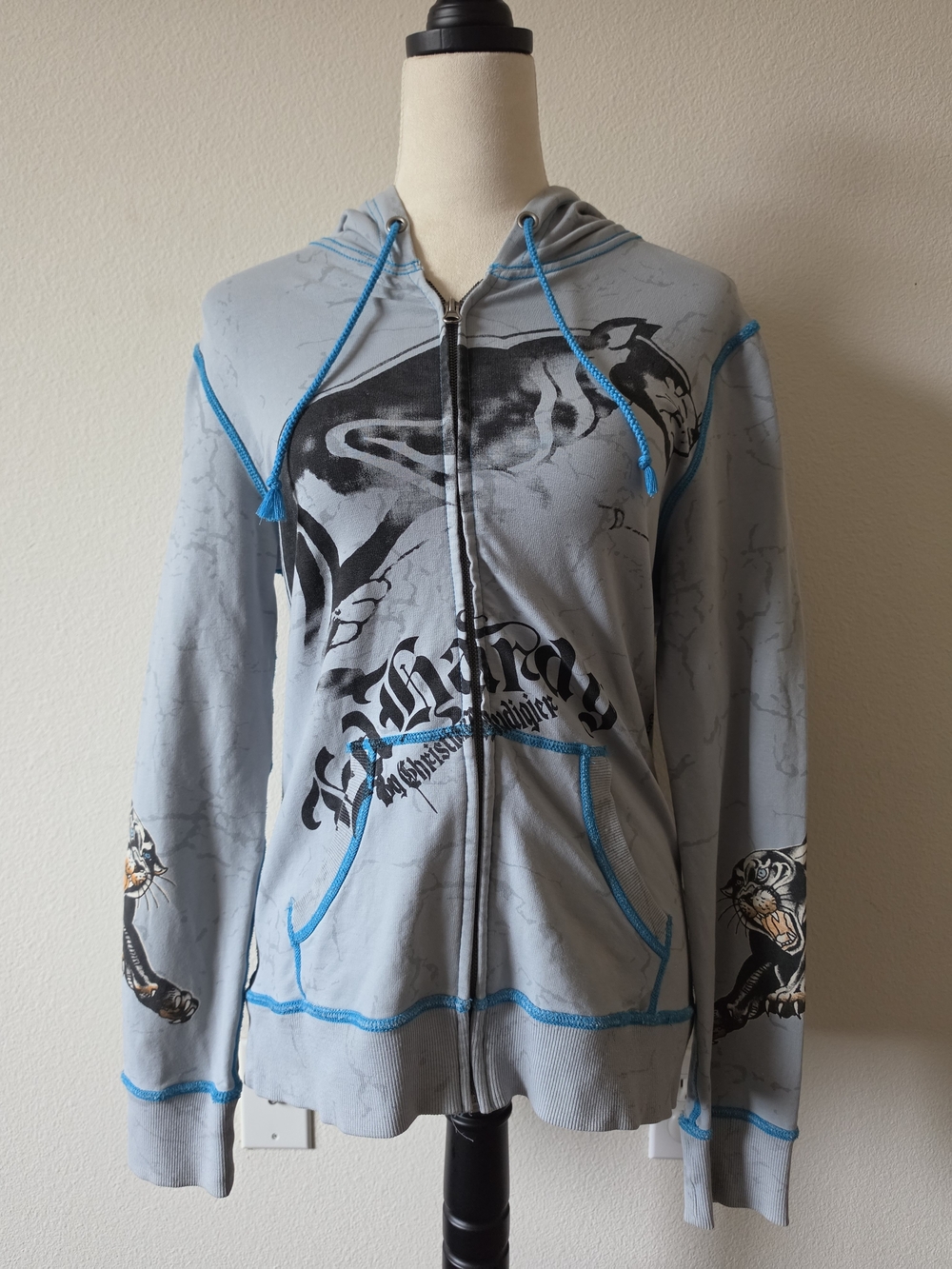 Y2K Ed Hardy by Christian Audigier Full Zip Blue Panther Graphic Hoodie Size M